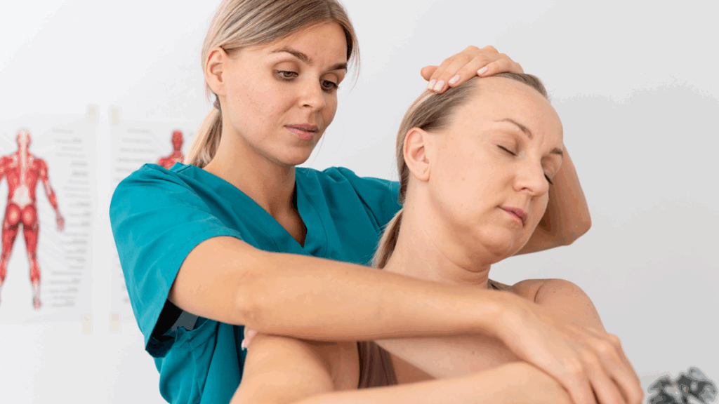 Fisioterapista al lavoro con una paziente.