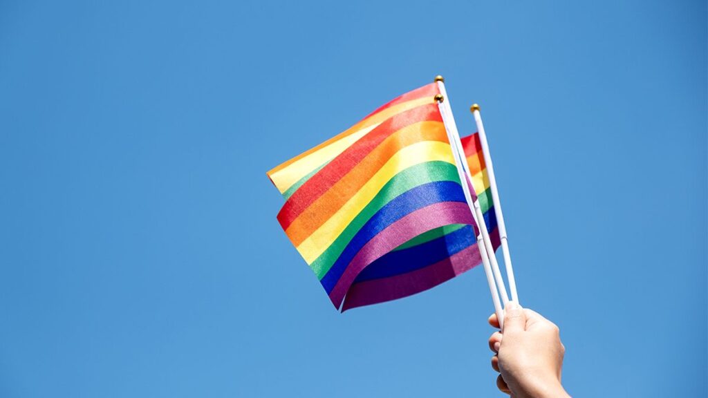 mano stringe bandiere dell'orgoglio LGBTQIAPK+